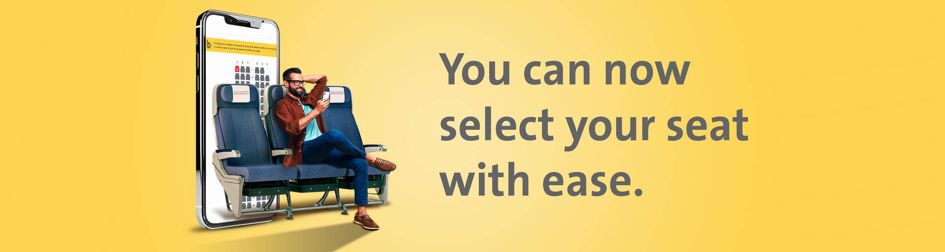 Ad on yellow background showing a traveler seated on luggage with text: “You can now select your seat with ease.”
