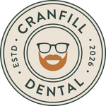 Cranfill Dental circular logo with glasses, mustache, and beard icon in beige and dark green.