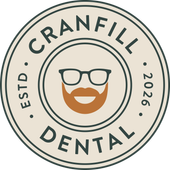 Cranfill Dental circular logo with glasses, mustache, and beard icon in beige and dark green.