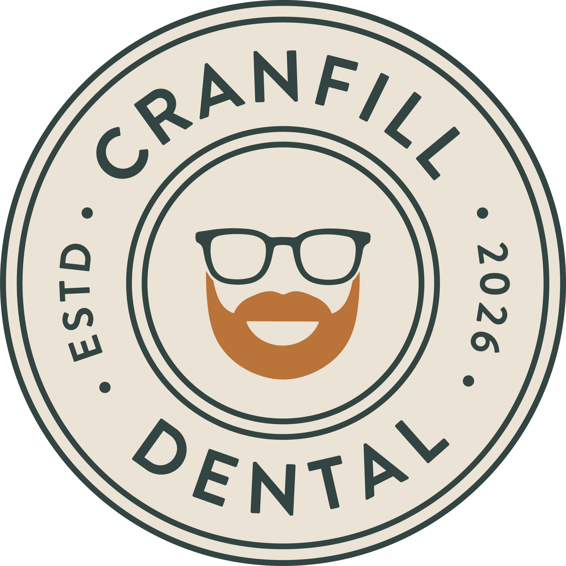 Cranfill Dental circular logo with glasses, mustache, and beard icon in beige and dark green.