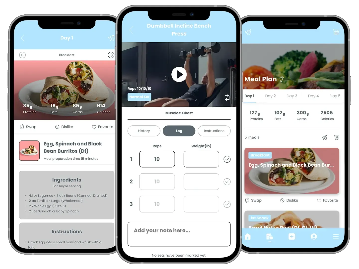 Three smartphone screens showing a fitness and diet app: recipes, workout video, and meal plan, light blue and white.