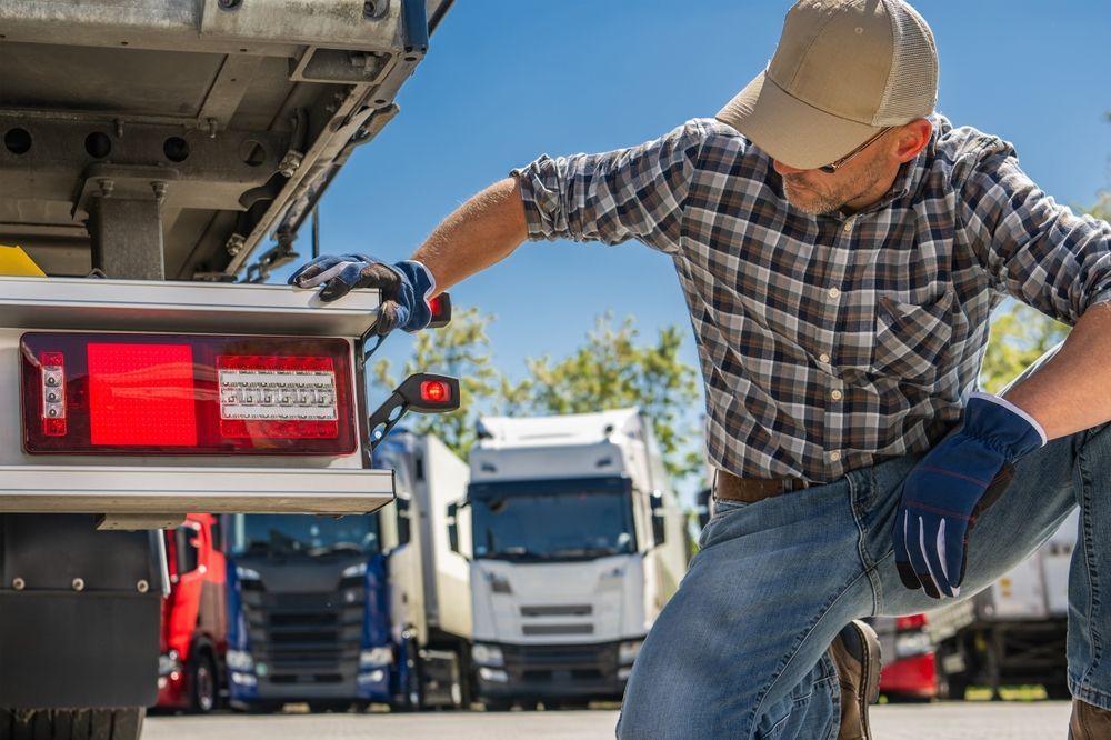 Truck Driver Checks Rear Lights on Semi-trailer — A.M.D. Automotive Services in Marian, QLD