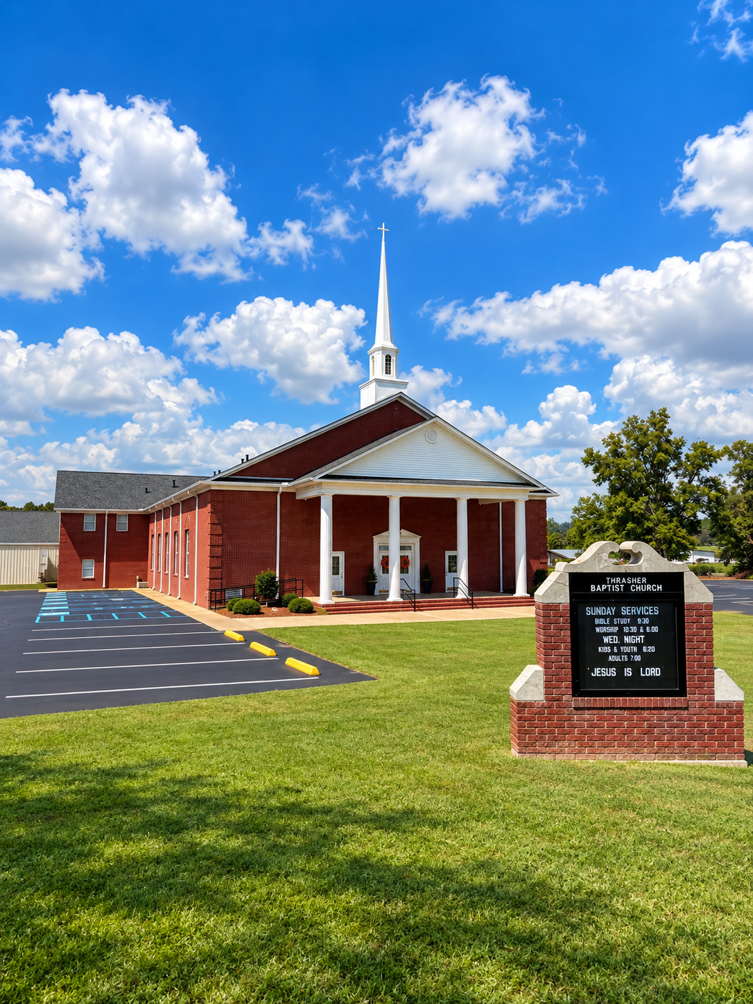 Thrasher Baptist Church exterior with marquee sign showing service times