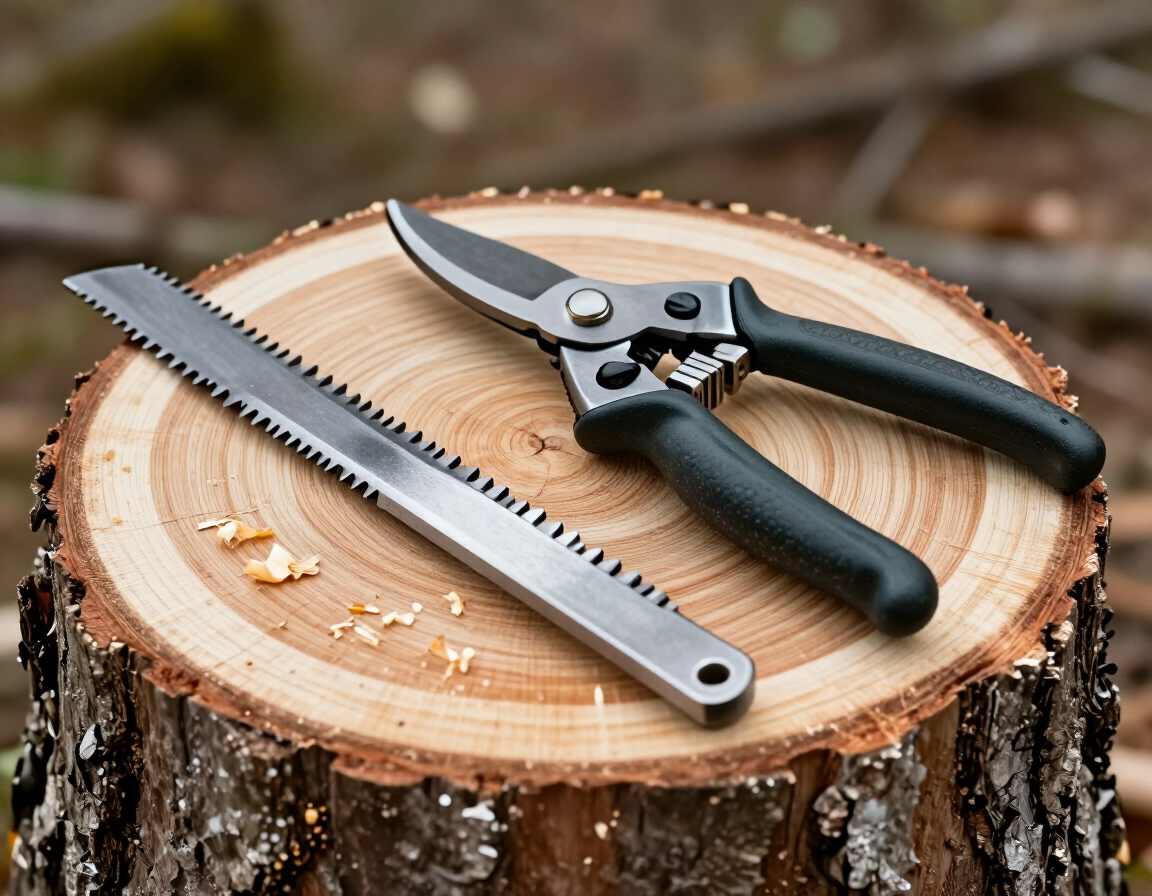 Pruning shears and a hand saw resting on a cut tree stump outdoors