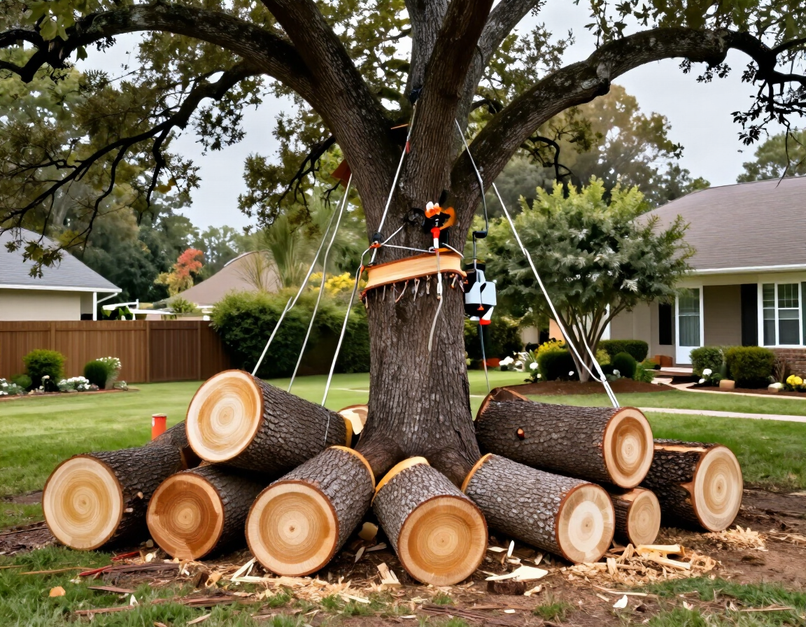 Tree being cut down in a suburban yard, with large log sections stacked around the trunk.