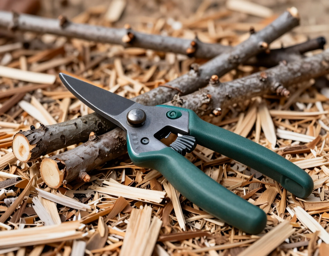 Green-handled pruning shears on wood chips beside cut branches