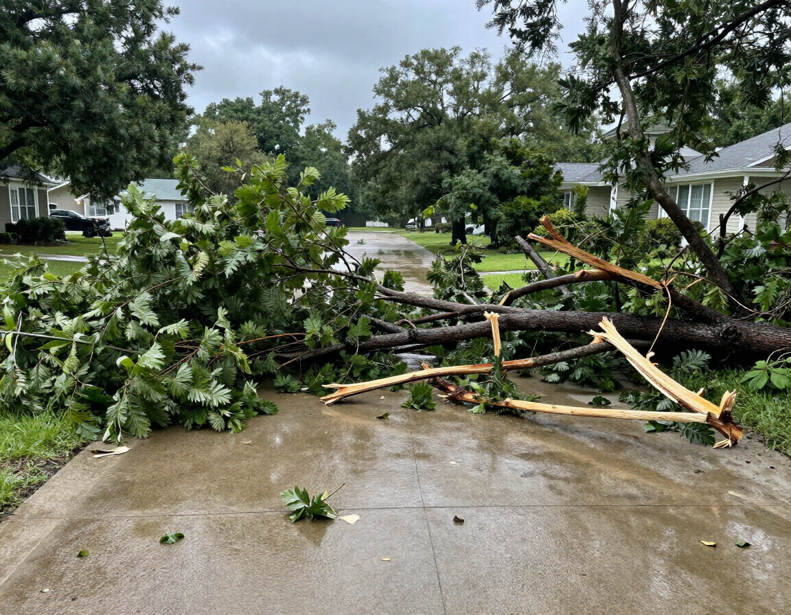 Storm debris with fallen tree limbs blocking a wet suburban street.