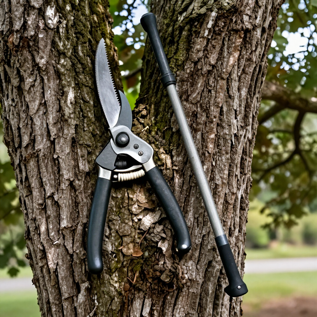 Pruning shears and a telescoping pole saw hanging against a tree trunk outdoors