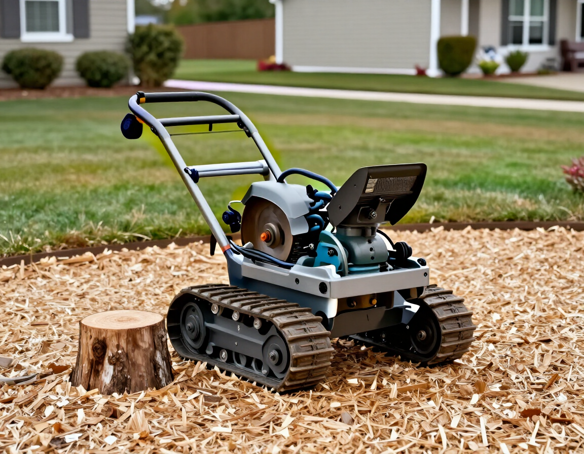 Tracked garden stump grinder on wood chips beside a tree stump in a yard