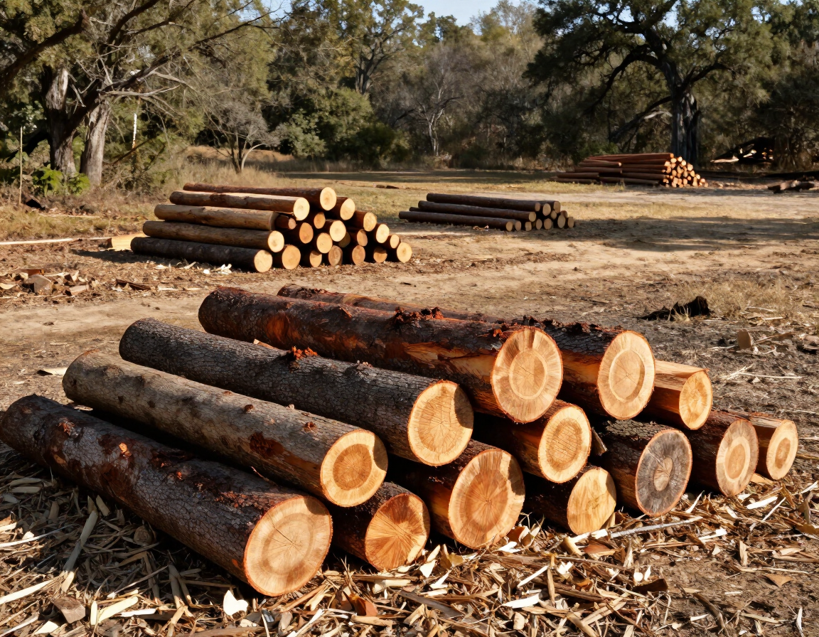 Stacked cut logs in a dry wooded clearing, with trees and more lumber in the background