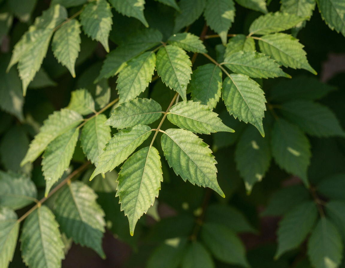Close-up of green serrated leaves in dense foliage, lit by soft natural light.