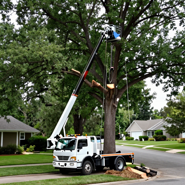 Tree service truck trimming a large tree in a suburban neighborhood.