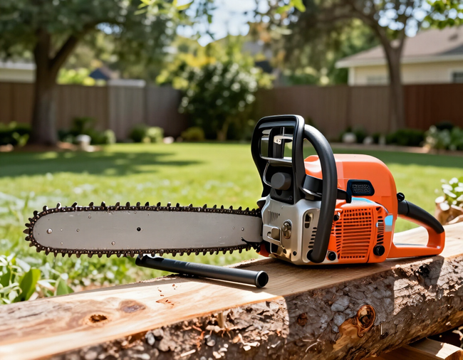 Orange and black chainsaw resting on a log in a backyard.