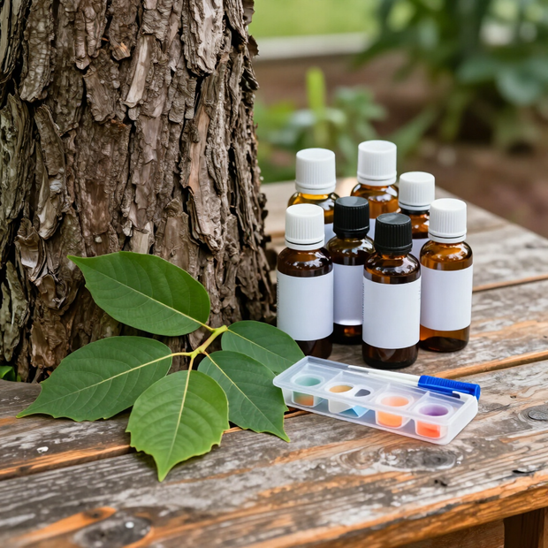 Bottle of essential oils beside green leaves on a rustic wooden table outdoors