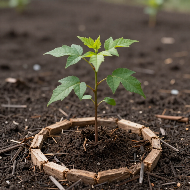 Small green seedling growing in dark soil, surrounded by a wooden ring garden border.