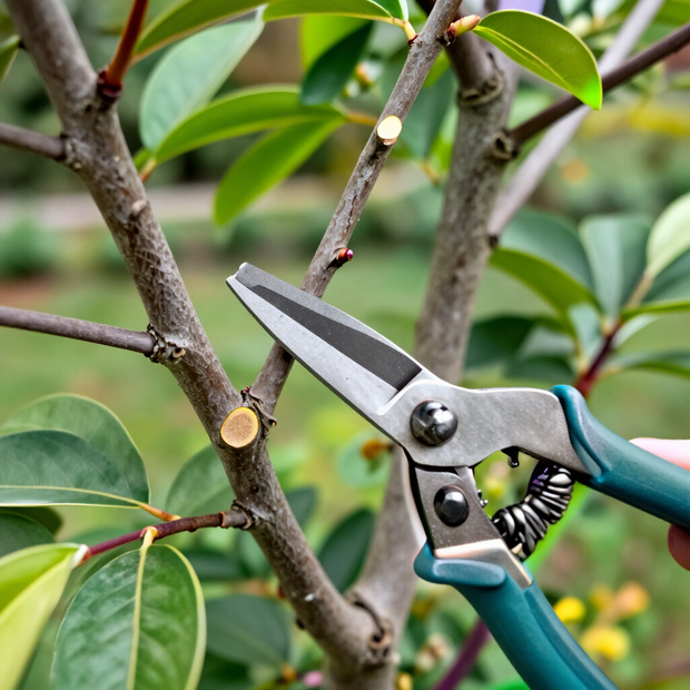 Bypass pruning shears trimming a tree branch with green leaves