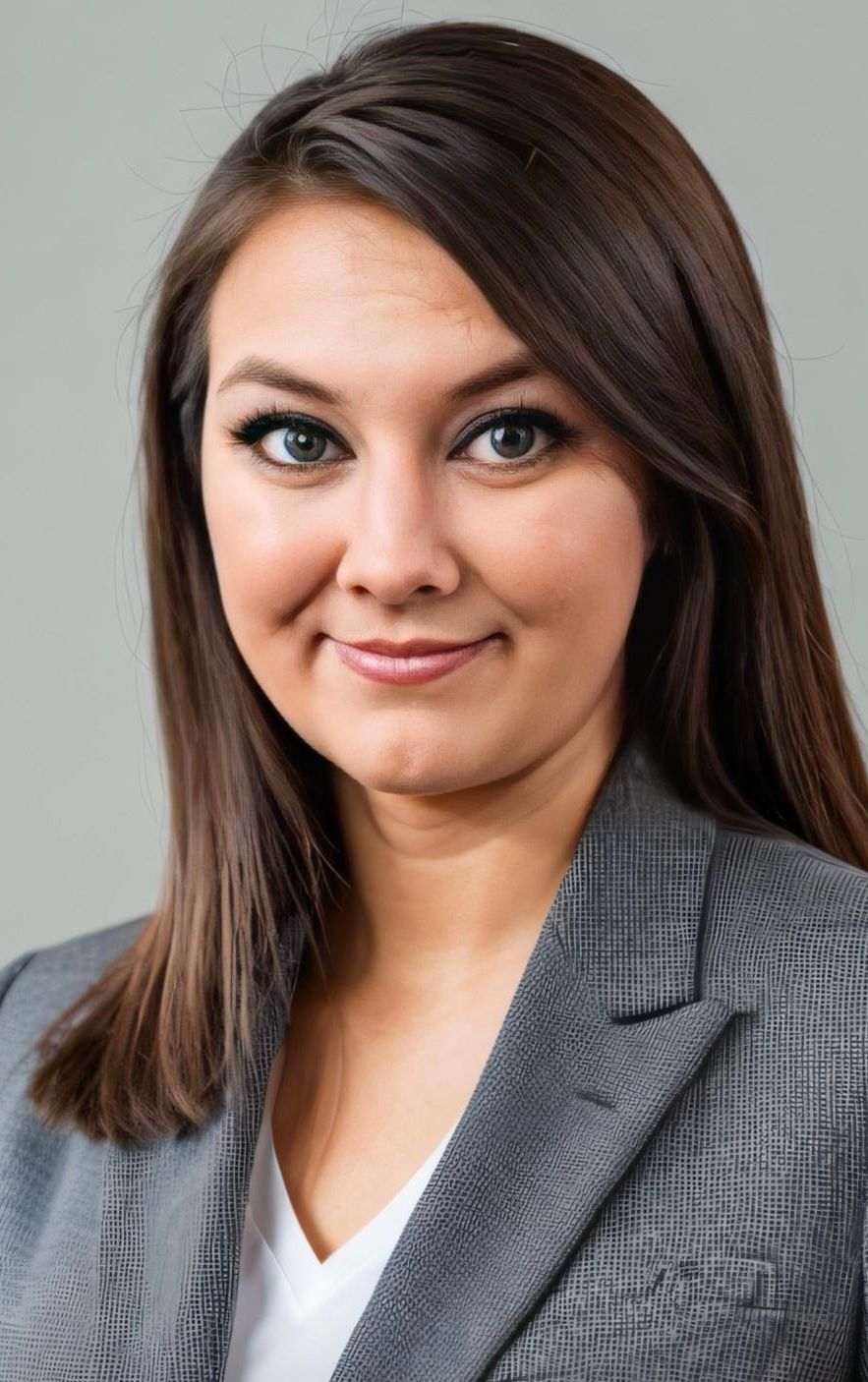A woman in a suit and white shirt is smiling for the camera.