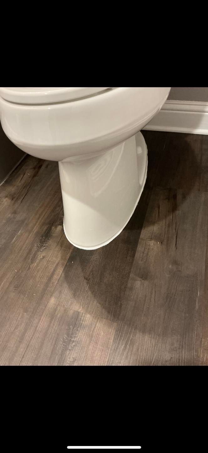 White toilet on dark wood floor in a bathroom corner