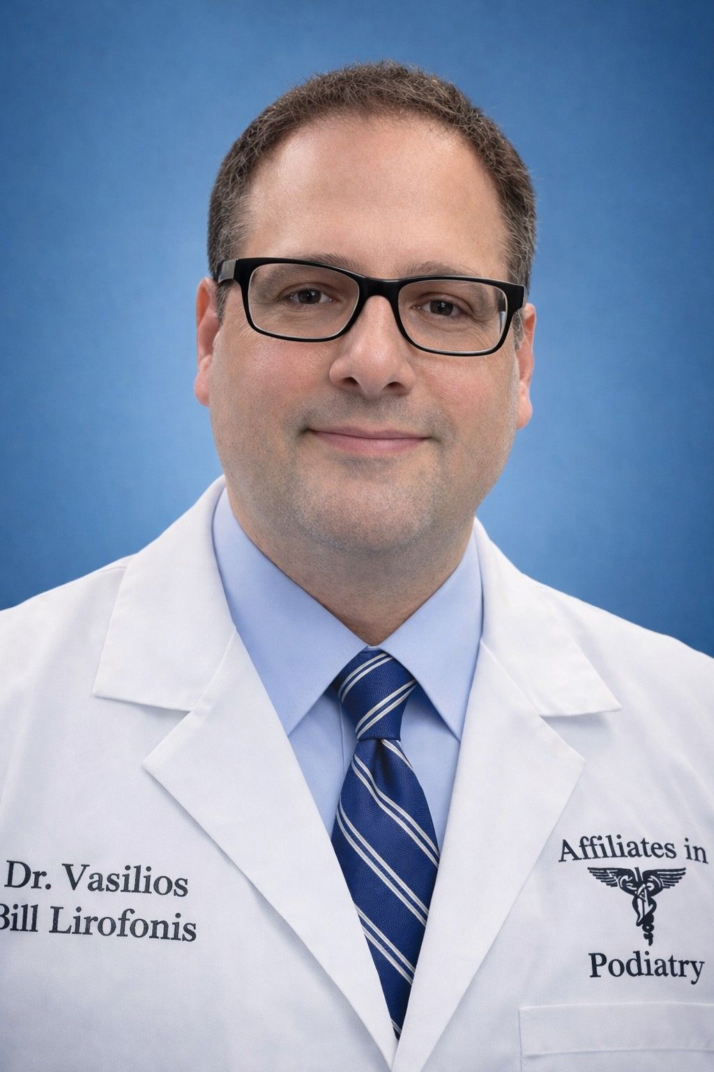 A smiling doctor in a lab coat with a stethoscope around his neck.