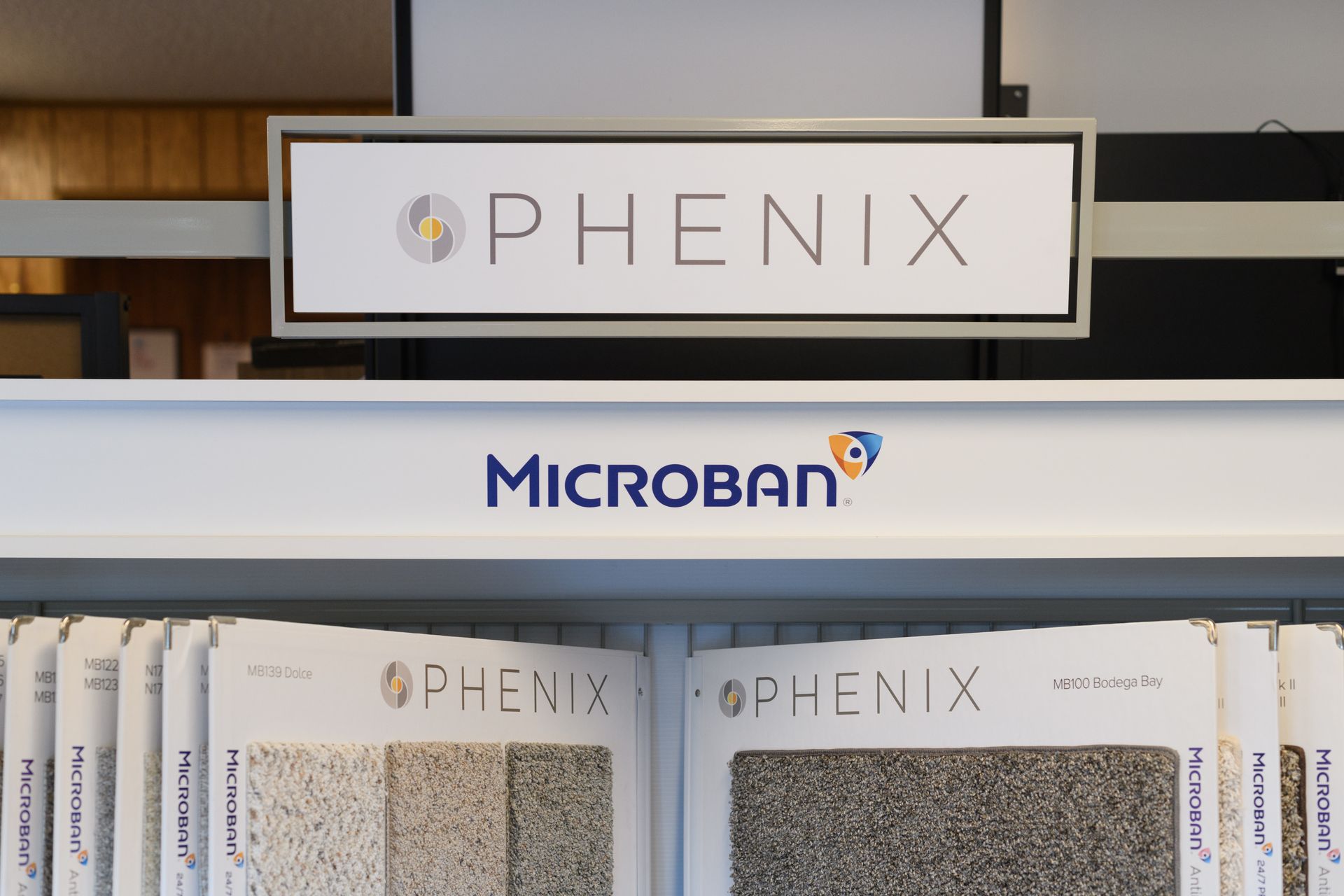 A display of phenix microban carpet samples