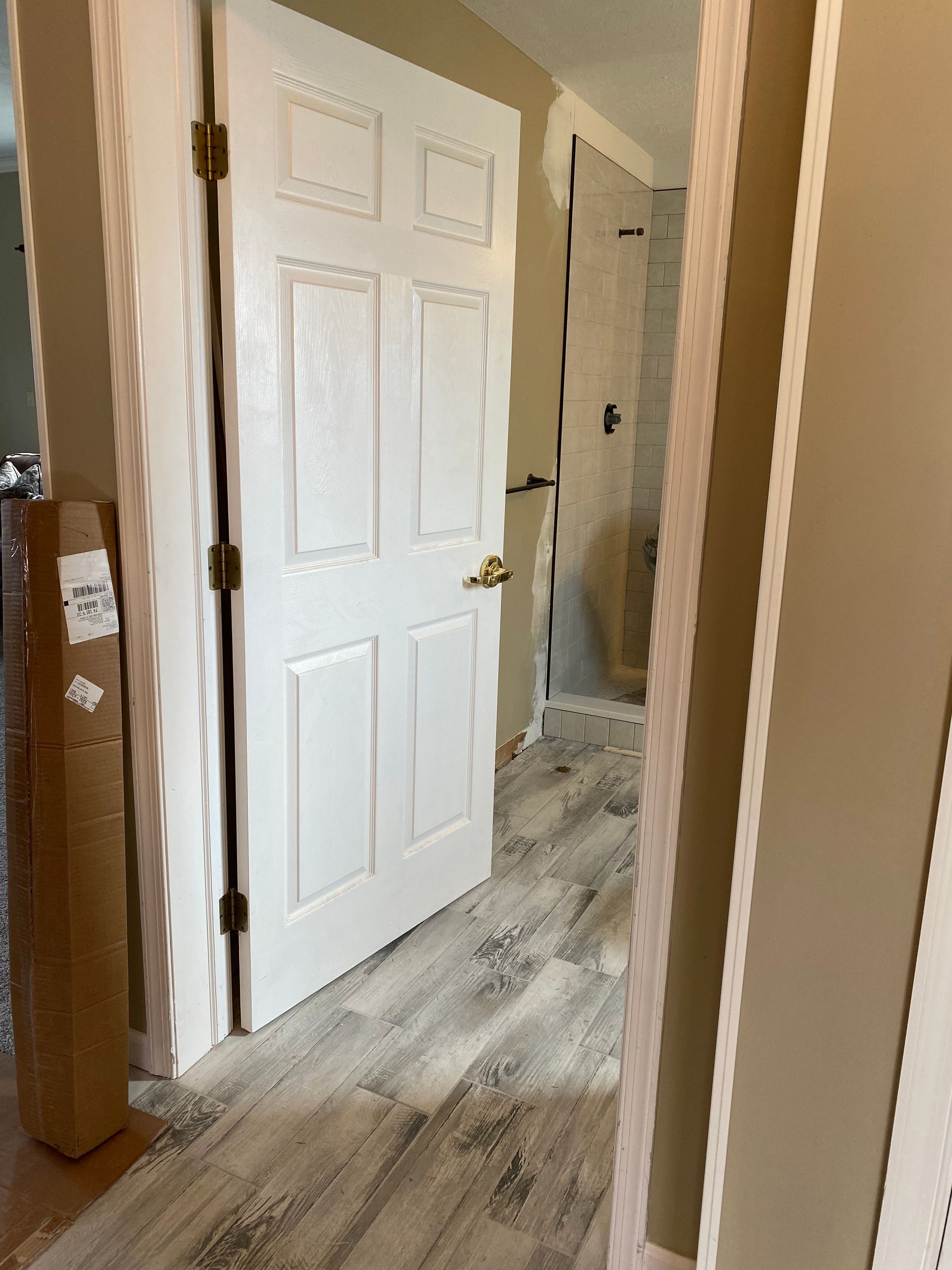 A hallway with a white door and a wooden floor.