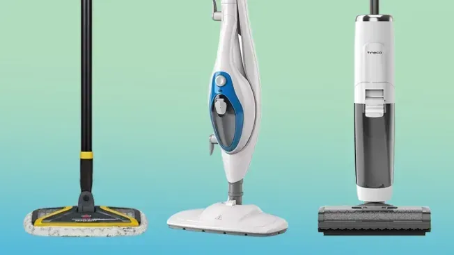 Three different types of mop cleaners are sitting next to each other on a blue background. Three different types of mop cleaners are sitting next to each other on a blue background.