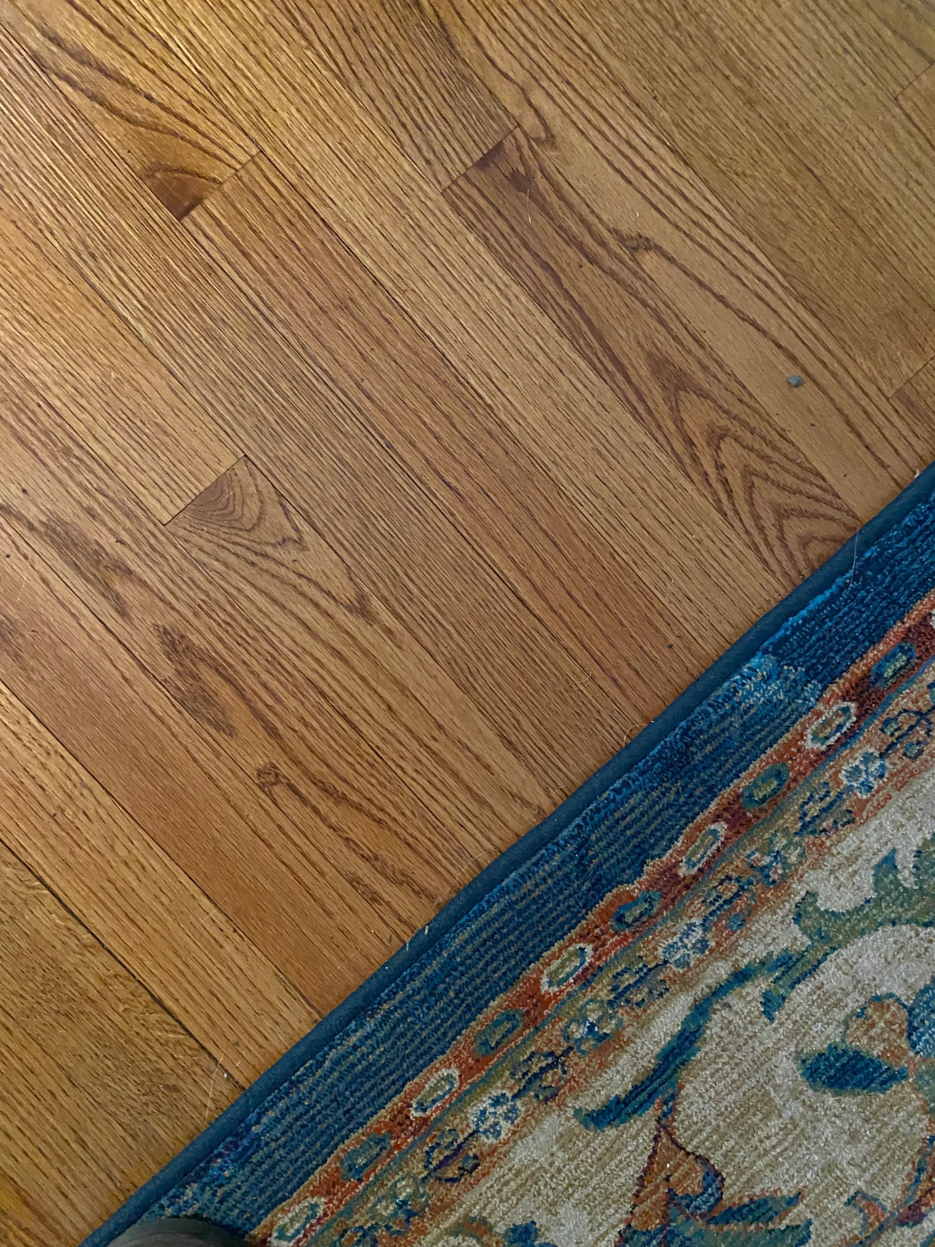 A close up of a wooden floor next to a rug.