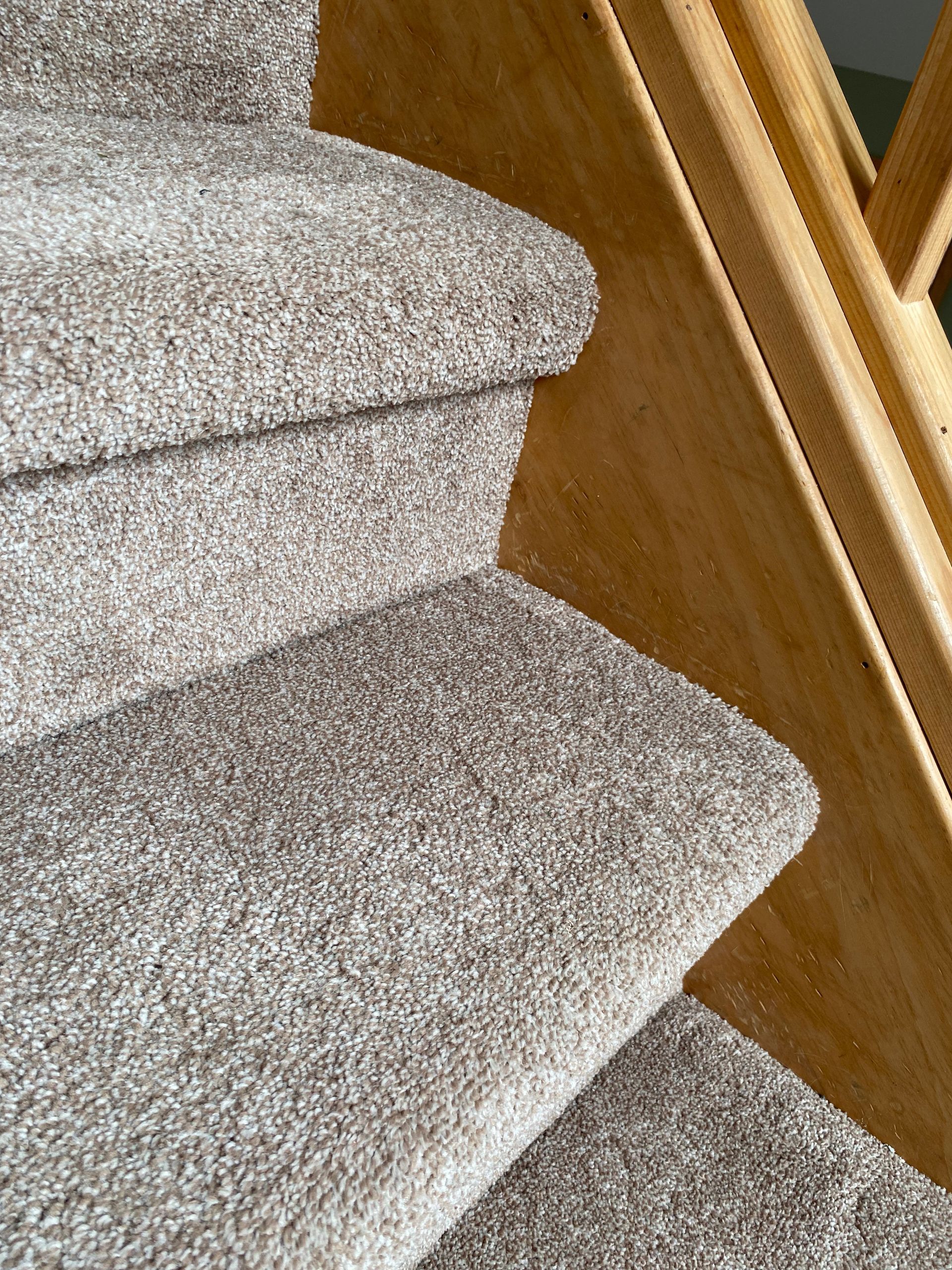 A close up of a carpeted staircase with a wooden railing.