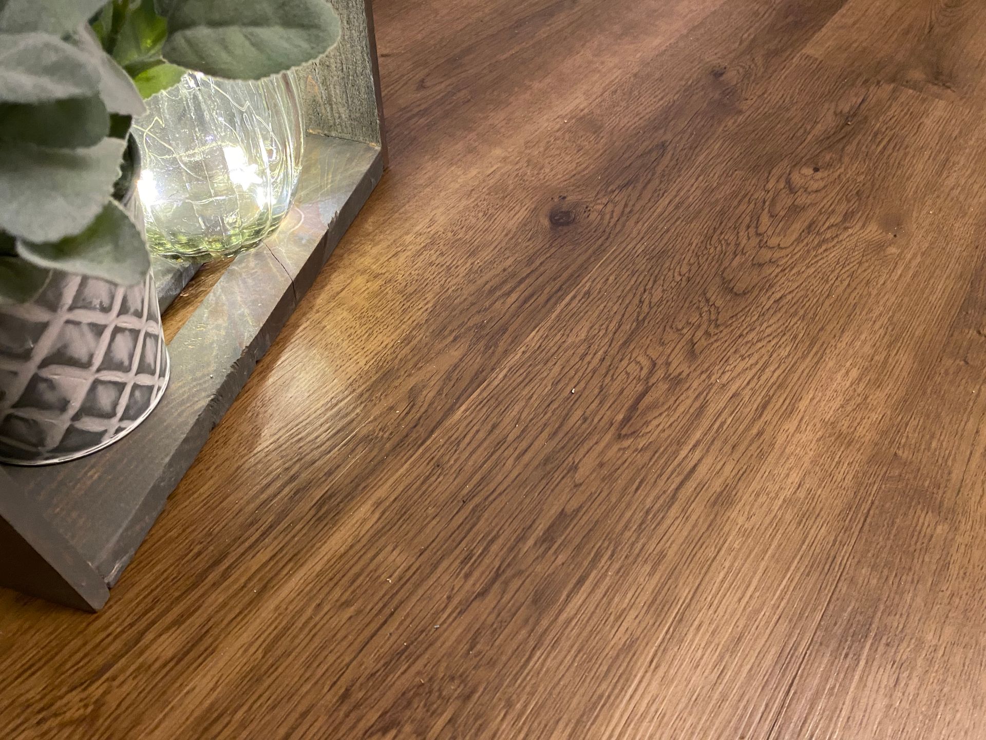 A wooden floor with a plant in a vase on it.