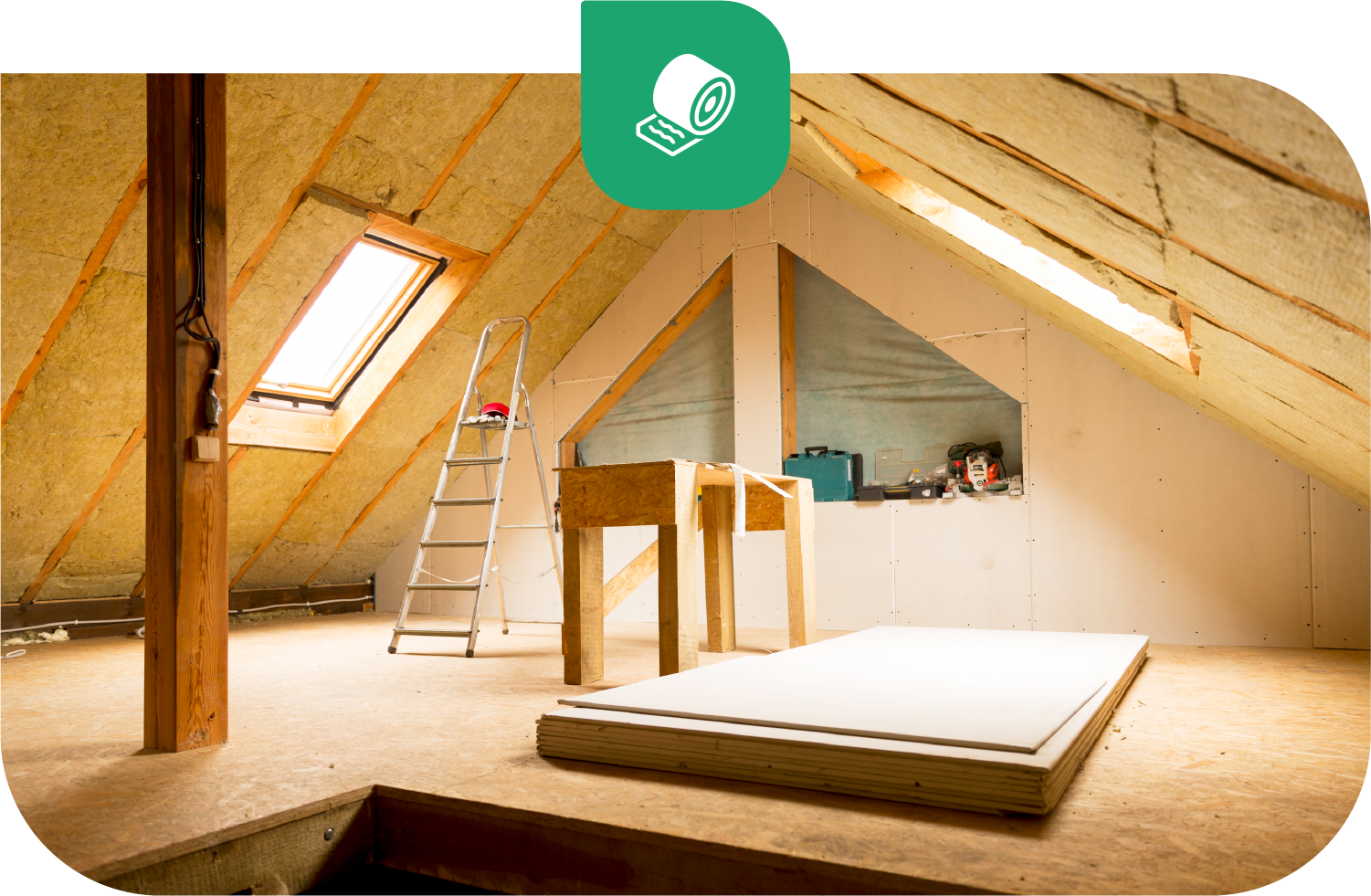 An attic with a pipe covered in aluminum foil