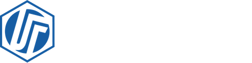 A blue hexagon containing a stylized, abstract white letter