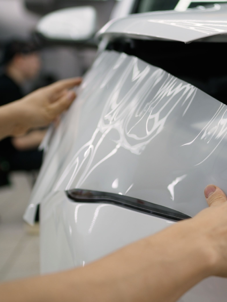 Hands applying clear protective film to a white car panel in a workshop
