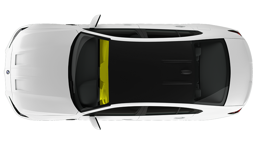 Top-down view of a white car with a yellow roof panel on a plain background