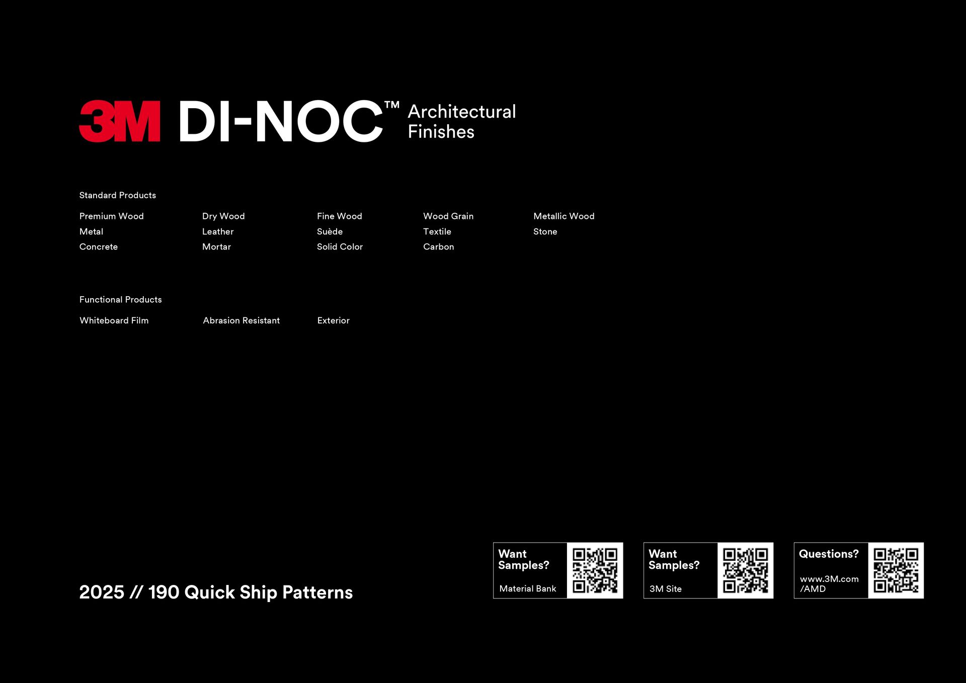 3M DI-NOC product chart on black background with white text and sample swatches