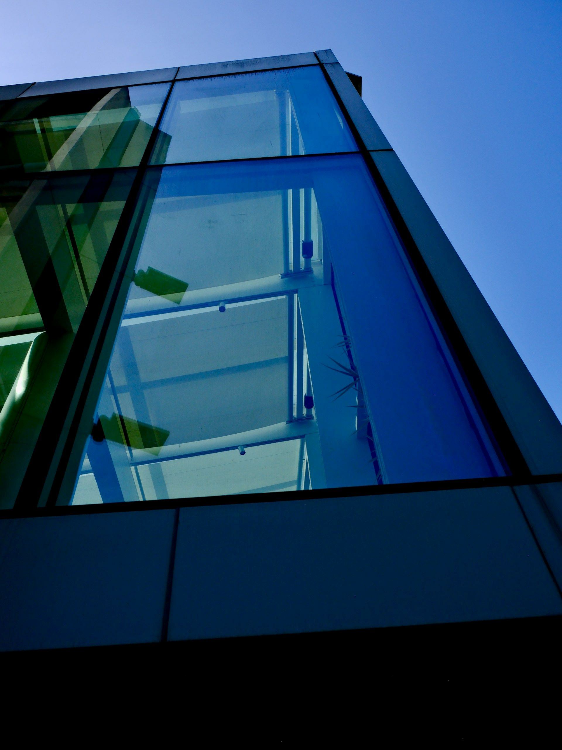 Modern glass building facade viewed from below against a blue sky