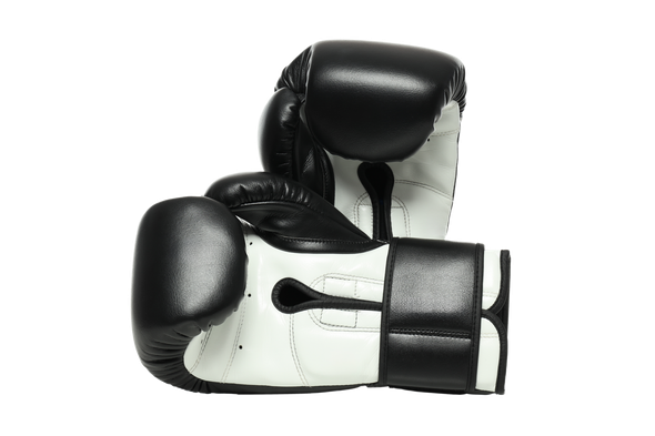 A pair of black and white boxing gloves on a white background.