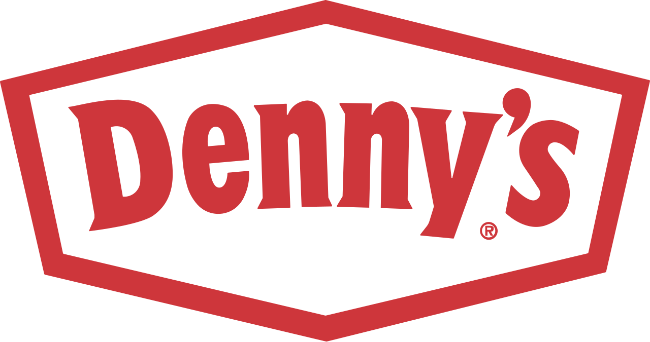 The red Denny's logo featuring the brand name in a white-filled red hexagon outline.