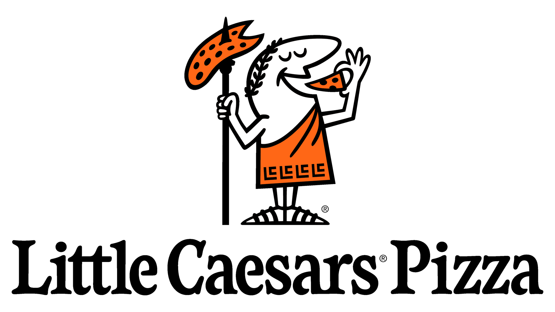The Little Caesars logo featuring a cartoon character in a toga eating a pizza slice next to the company name.