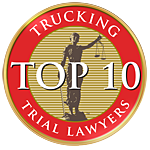 A top 10 trial lawyers logo with a statue of justice holding scales of justice.