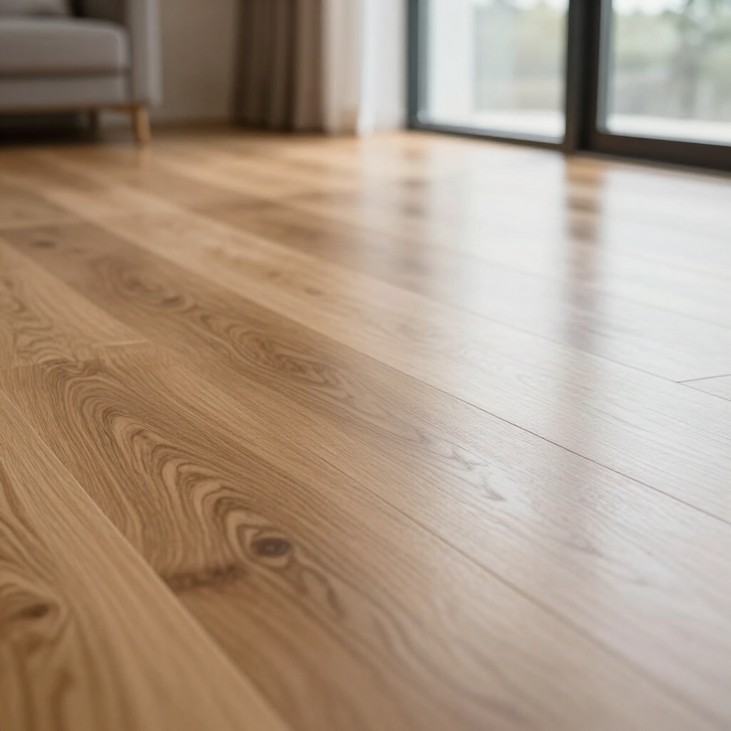 Habitación vacía y soleada con suelo de madera clara y grandes ventanales.