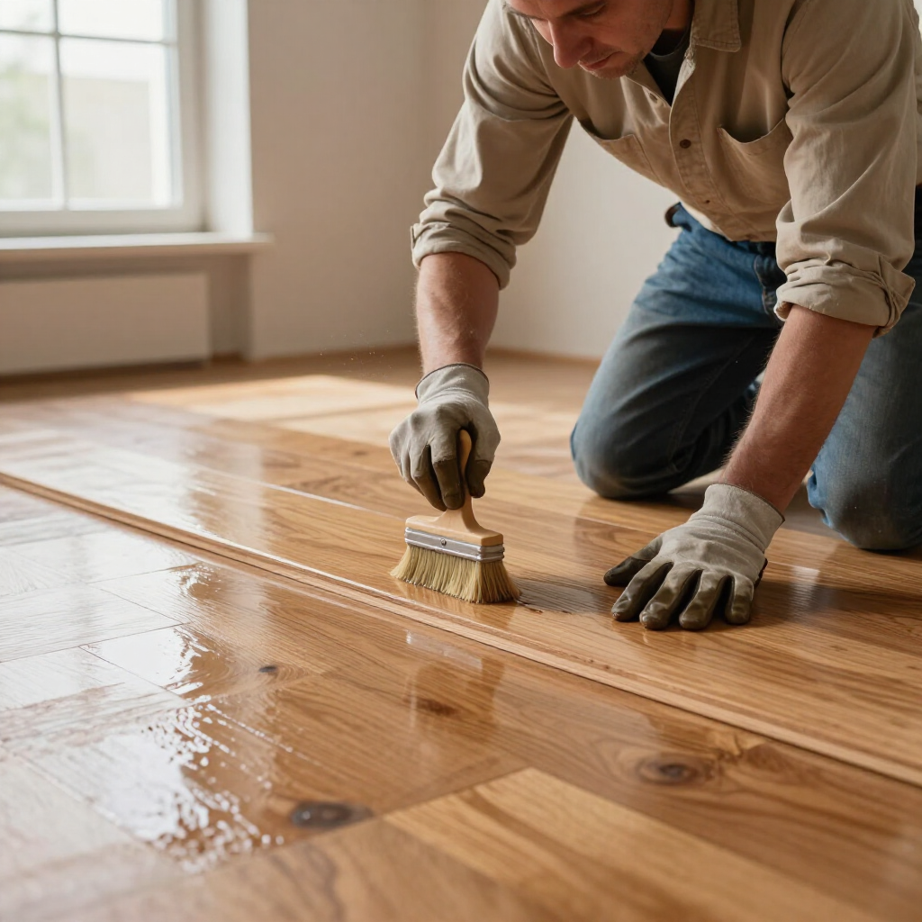 Un trabajador aplica un acabado a un piso de madera con una brocha, usando guantes, en una habitación iluminada por el sol.