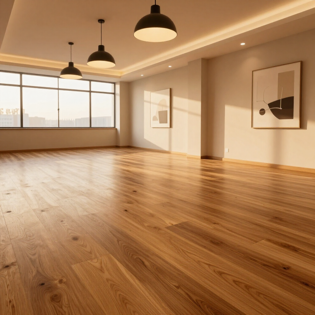 Habitación vacía y luminosa con suelos de madera, grandes ventanales y lámparas colgantes negras.