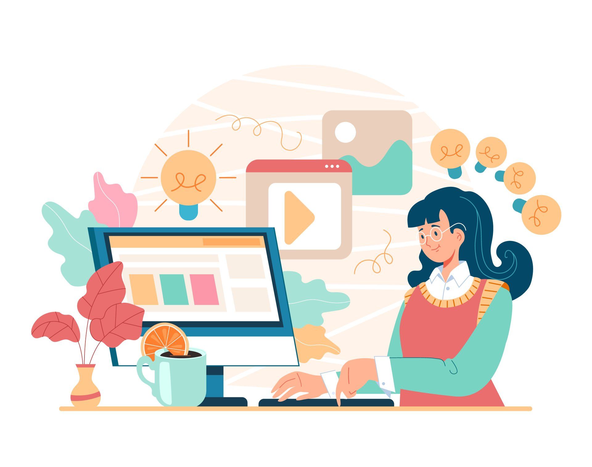 Female Cartoon Character Using a Computer