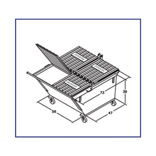 A technical drawing of a rectangular, wheeled metal waste bin with multiple hinged lids, labeled with dimensions.