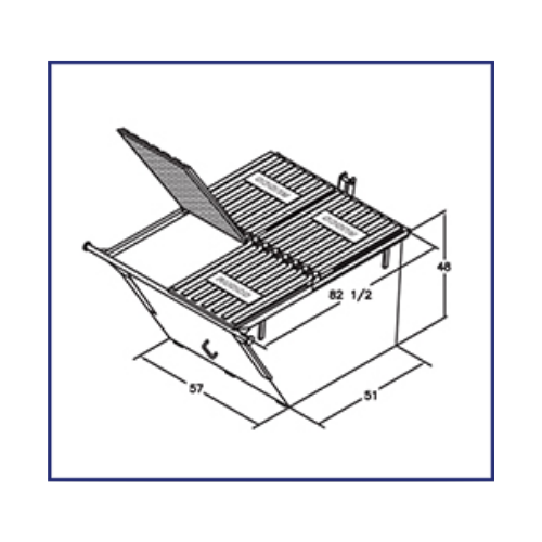 Line drawing of a rectangular, lidded industrial waste container with dimensions 82 1/2 by 51 by 48 and 57 length.