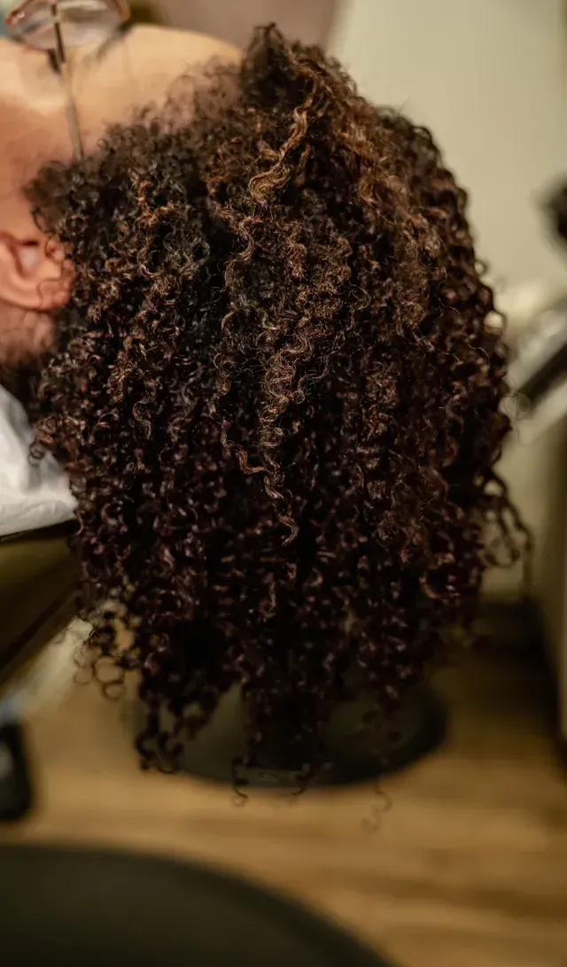 Close-up of a person’s dark curly hair in a bun, with loose curls against a blurred indoor background