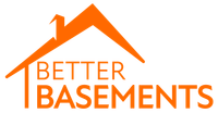 A logo for better basements with an orange roof