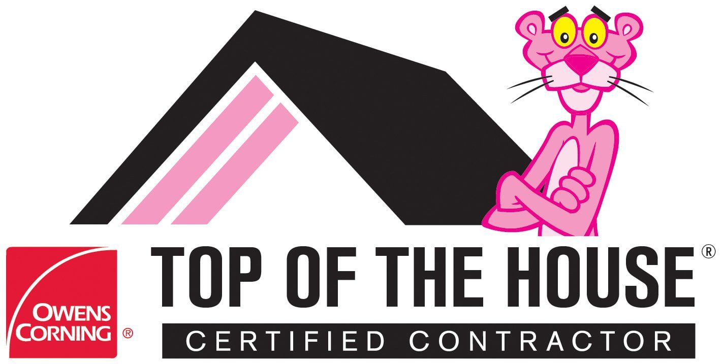 Top of the House Roofing logo with a pink panther mascot and Owens Corning branding