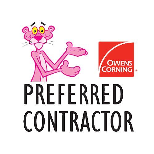 Pink Panther mascot beside Owens Corning “Preferred Contractor” logo and text