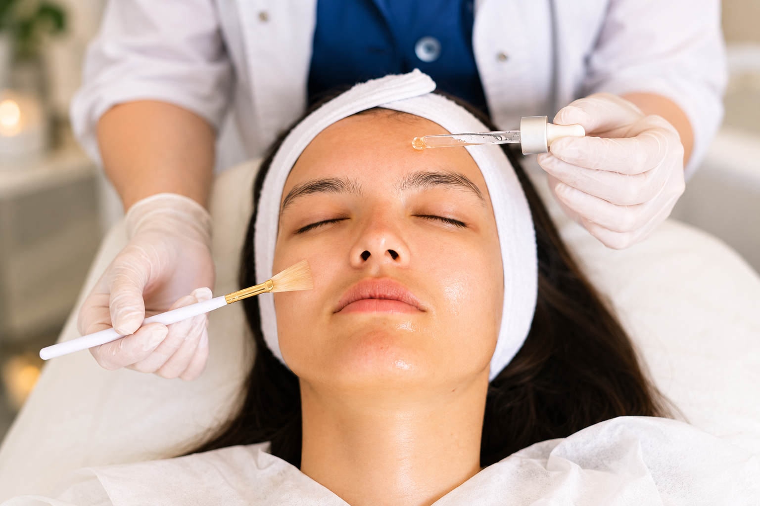 Woman receiving a professional chemical peel treatment from an esthetician in a relaxing treatment